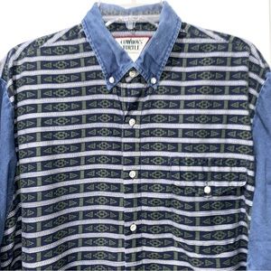 Vtg Western wear native Aztec geometric print denim shirt Men's XL Rustic cowboy